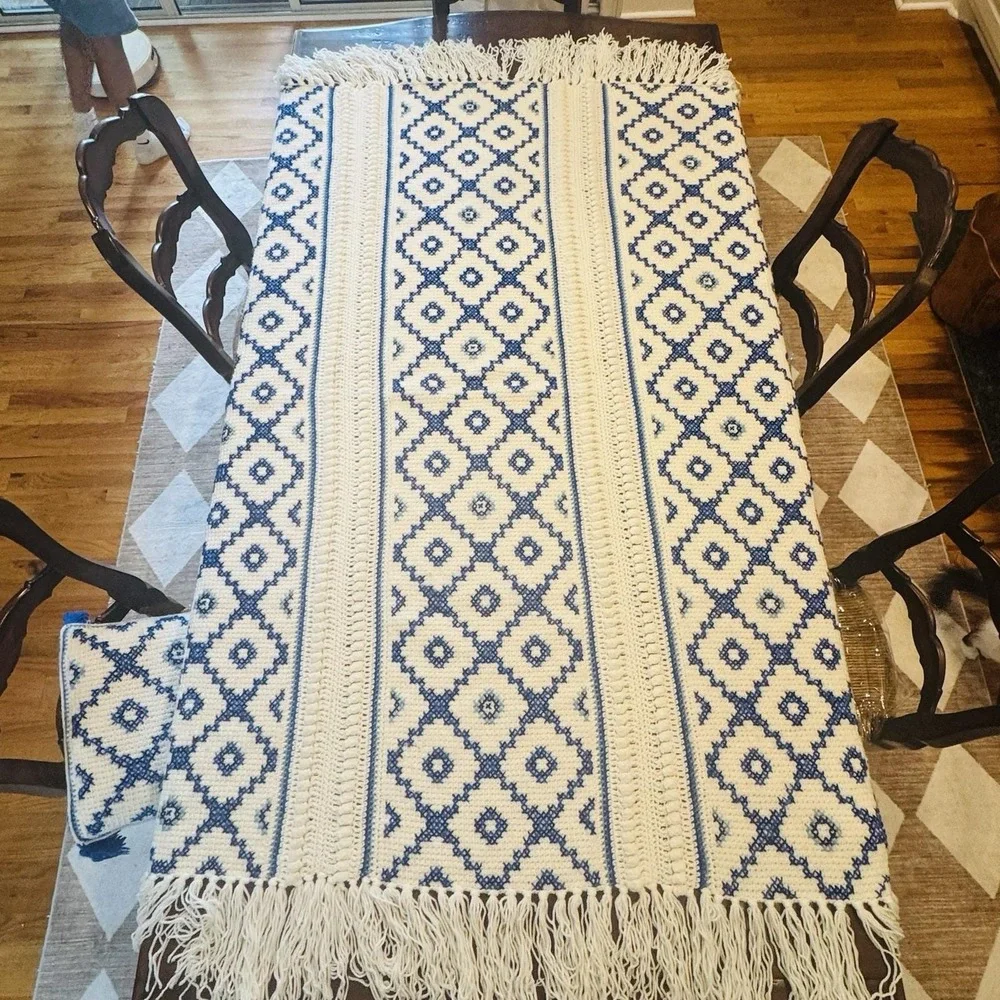 Vintage Handmade Crochet Afghan Throw & Matching Pillow Blue White Charleston